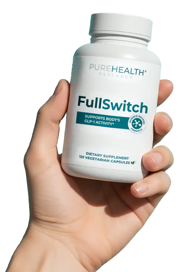 Hand holding FullSwitch GLP-1 supplement bottle