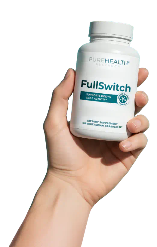 Hand holding FullSwitch GLP-1 supplement bottle
