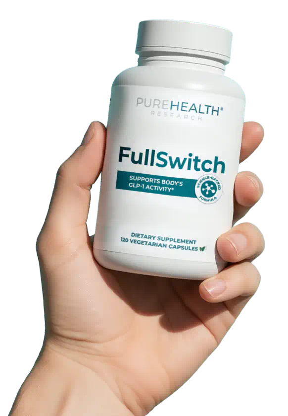 Hand holding FullSwitch GLP-1 supplement bottle